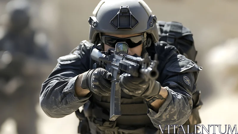 Focused special forces training in bright desert light.