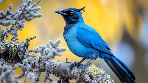 Vibrant blue songbird perched on lichen branch, autumn bokeh style.