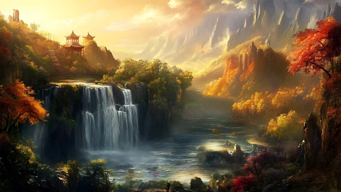 Golden mountain waterfall valley frames serene hilltop temples