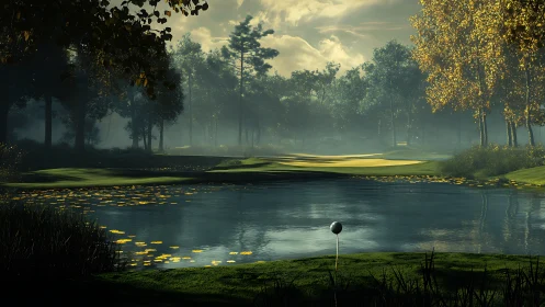 Morning-lit golf fairway framed by reflective water hazard and mist