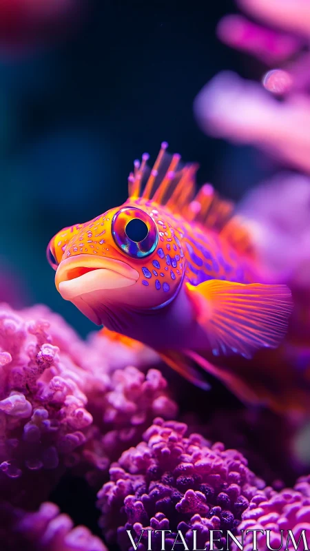 Neon reef fish portrait in luminous magenta coral environment.