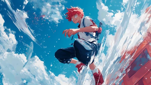 Red haired anime boy jumps through bright summer sky.