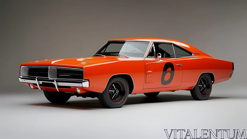 Vintage orange muscle car in studio with racing livery detailing.