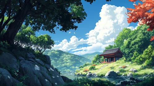 Riverside temple daydream under cloud-bright mountain skies.