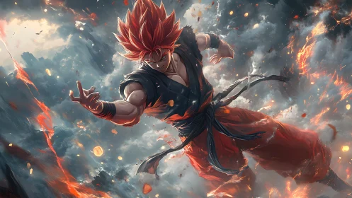Volcanic sky duel with red haired ki-empowered fighter.