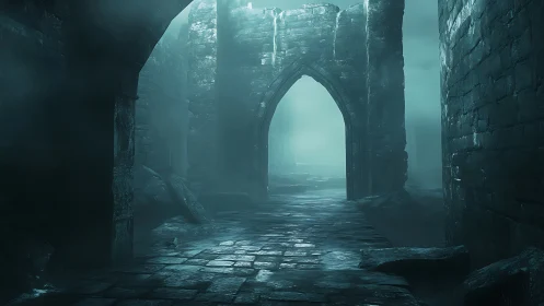 Gothic stone corridor recedes into fog with cinematic volumetric light