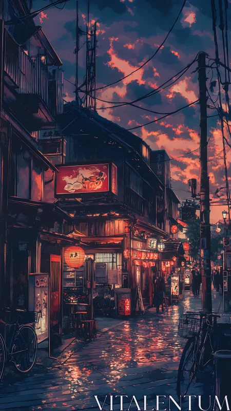 Evening street with lantern lit shops under vivid sky.