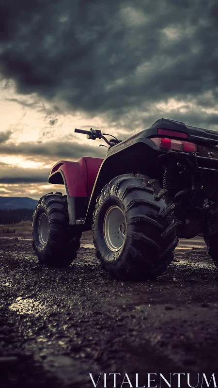 Four-wheeled ATV stands on wet gravel under overcast sky