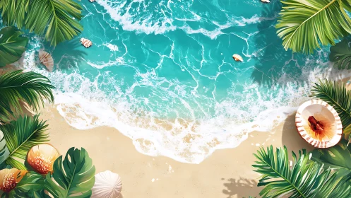 Elevated coastal view with turquoise waters and sandy beach.