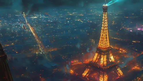 Luminous Eiffel Tower above neon-soaked Parisian nightscape.