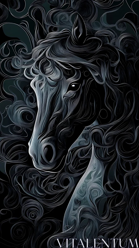 Swirling monochrome stallion rendered in flowing vectors.