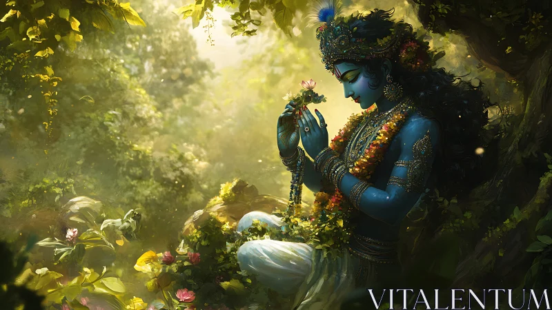 Divine blue figure contemplates a lotus in radiant forest.