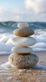 Sea-breath stones stack in quiet balance at the shoreline.