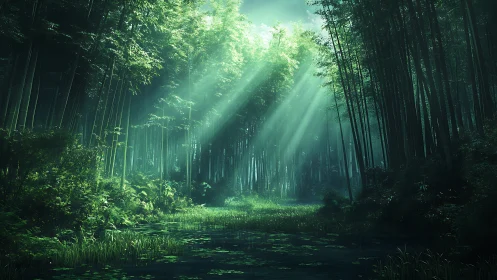 Luminescent Forest Canopy with Crepuscular Rays and Aquatic Foreground.