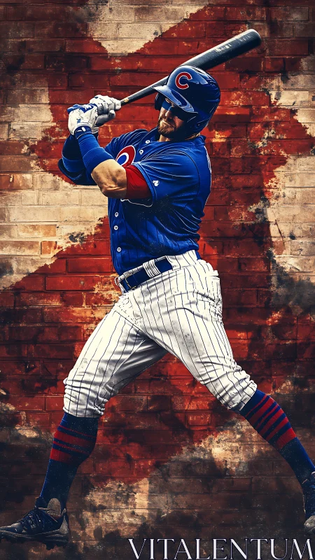 Baseball slugger swinging bat against gritty brick mural.