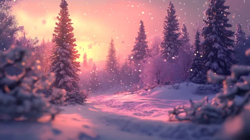 Snow-covered pine forest under pink winter sunset light
