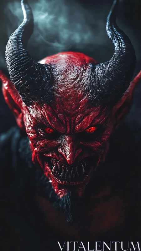 Horned red demon portrait with glowing eyes in smoke.
