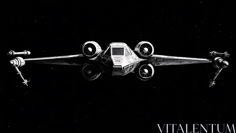 Lone starfighter poised in quiet, endless midnight space.