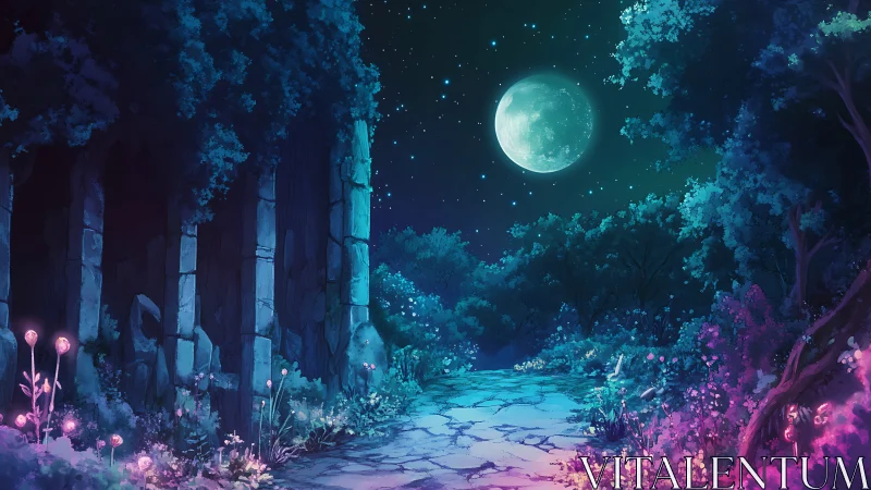Moonlit forest path glows beside ancient stone ruins.