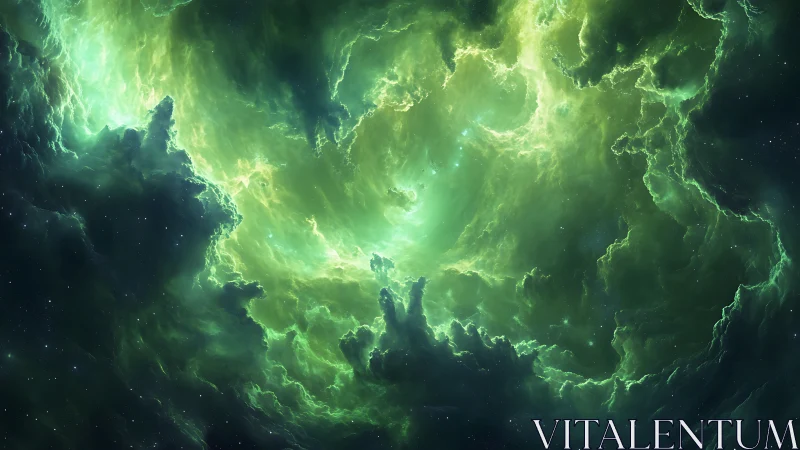 Emerald cosmic nebula swirls with luminous storm energy.