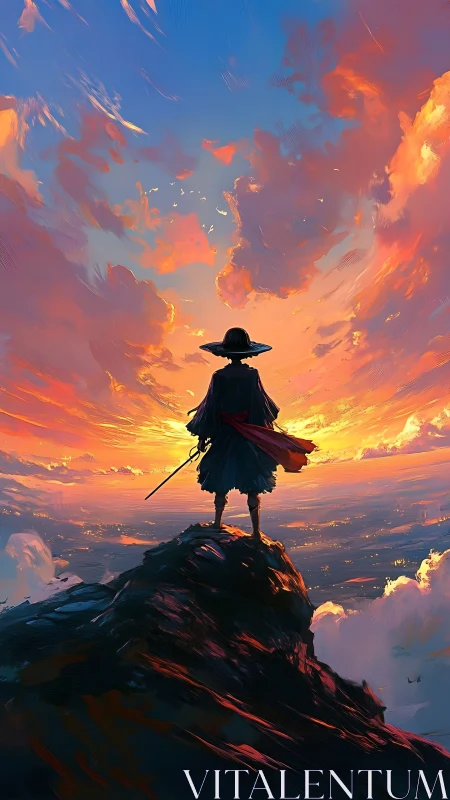 Lone swordsman stands on mountain peak at vivid sunset.