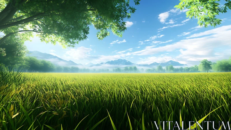 Sunlit mountain meadow under vivid blue summer sky.