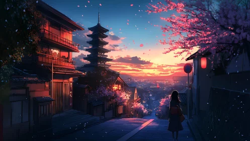Twilight cherry blossoms drift above a lantern-lit Kyoto slope.
