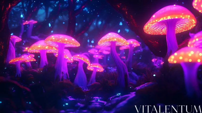 Neon bioluminescent mushrooms glowing in mystical forest.