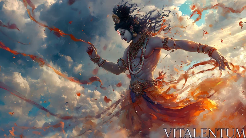 Mythic male figure dancing in turbulent glowing clouds.