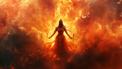 Flame-wreathed warrior goddess emerges from incandescent vortex