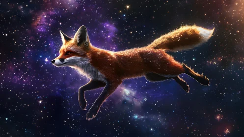 Starlit fox voyager leaping across a nebula skyway.