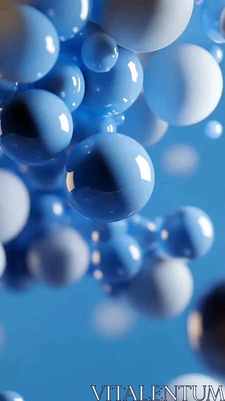 Blue glossy spheres float in soft gradient atmosphere.