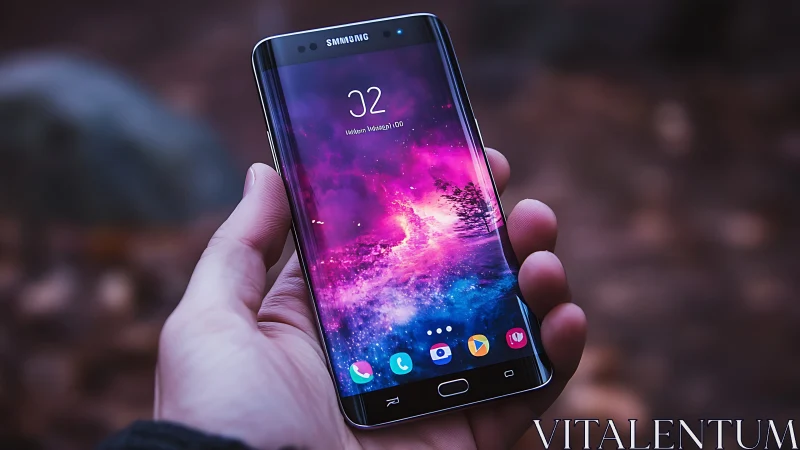 Samsung Galaxy smartphone displaying vibrant cosmic gradient lock screen interface.