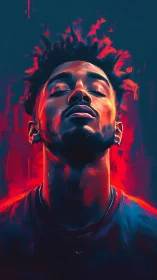 Vibrant neon portrait isolates a contemplative upward gaze