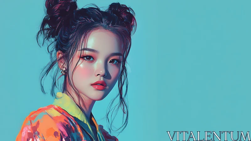 Digital portrait of young woman with double buns hairstyle