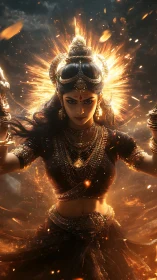 Blazing goddess ascends in swirling ember crowned radiance.