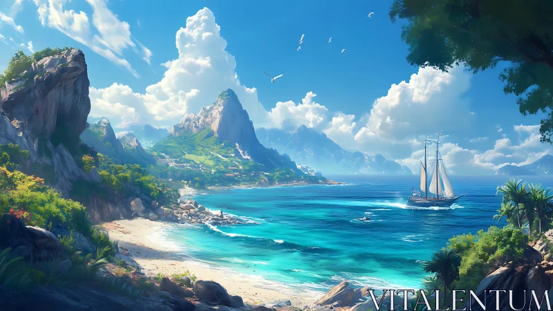 Tropical Paradise: Digital Rendering of Coastal Seascape with Limestone Cliffs.