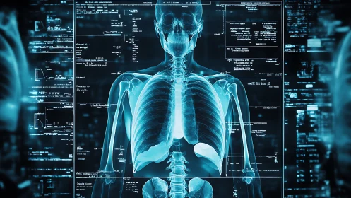 Digital medical X-ray skeleton with data overlays in cyan tones