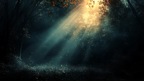 Sunlight beams penetrating dense forest understory.