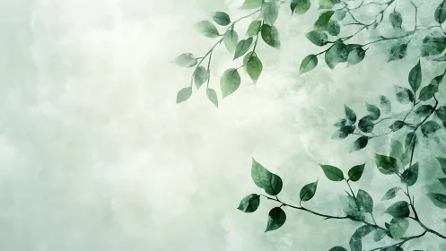 Soft green foliage frames misty watercolor backdrop.