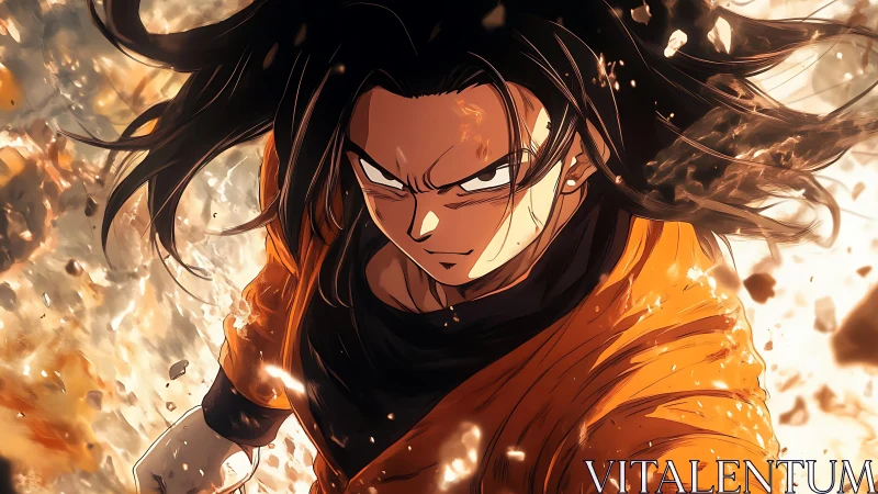 Fiery anime warrior charging ahead with fierce resolve.