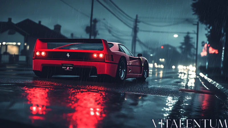 Aerodynamic supercar in nocturnal rain with reflective wet asphalt.