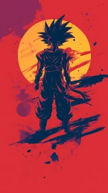Bold anime warrior silhouette against textured sun backdrop.