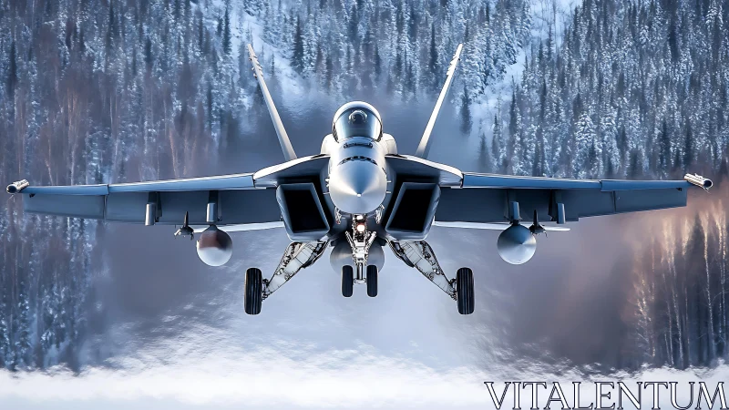 Front view of fighter jet over snowy forest valley.