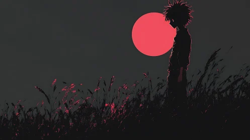 Silent silhouette weighs lost thoughts beneath crimson moon