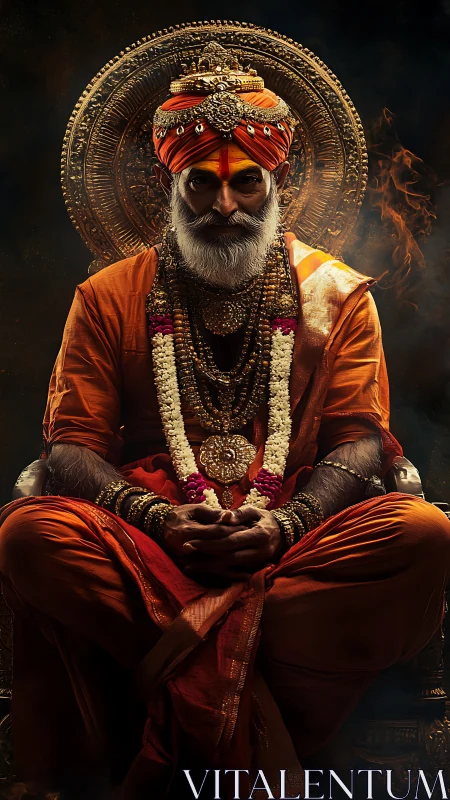 Regal holy man sits crowned in ornate spiritual finery.