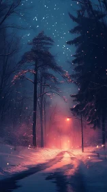 Snowy forest road glows under misty pink streetlights