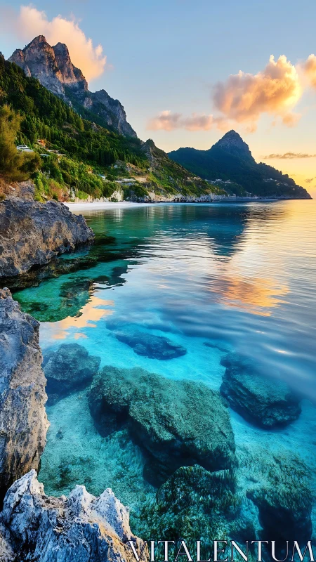 Coastal cliffs, clear shallows, and distant forested peaks.