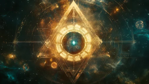 Cosmic golden eye gazes from a glowing geometric gateway
