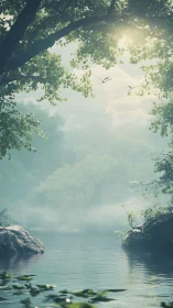 Misty River Valley Beneath Forest Canopy.